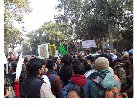 Protests by Left Student Organisations and Teachers against the Sangh Parivar sponsored seminar on Ramjnmabhoomi at Arts Faculty, Delhi University on January 9, 2016 Abha Dev Habib